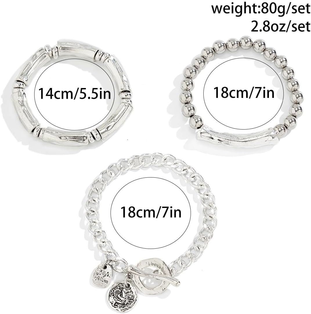 Manufacturer  Jumwrit 3pcs Boho Layered Beaded Bracelets Set for Women Dainty Stretch Elastic Round Ball Beads Tube Chunky Chain Bracelets Stackable Silver Toggle Cuban Link Bracelets Trendy Jewelry  bracelets