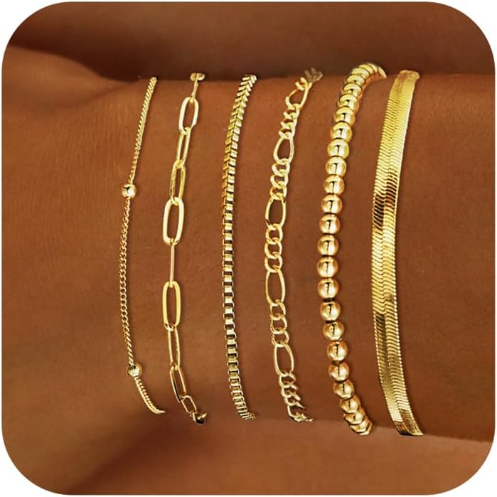 Manufacturer  DEARMAY Gold Bracelets for Women Waterproof, 14K Real Gold Jewelry Sets Trendy Thin Dainty Stackable Cuban Link Paperclip Chain Bracelet Pack Fashion Accessories Gifts for Womens  bracelets