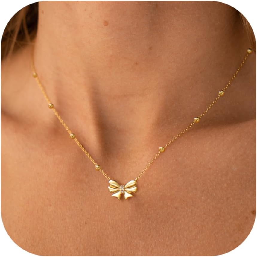 Manufacturer  Gold Necklace for Women Dainty Bow Necklace 14K Gold Plated Cute Choker Necklace Small Bow Pendant Charm Necklaces Teen Gift Trendy Stuff Personalized Jewelry Gifts  Necklace