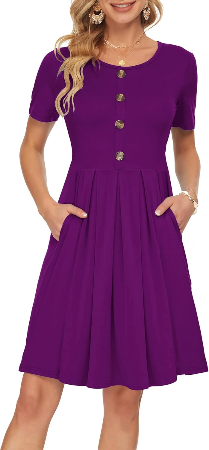 Manufacturer  AUSELILY Women's Short Sleeve Summer Dress Pleated Button Down Knee Length Dresses with Pockets New dresses