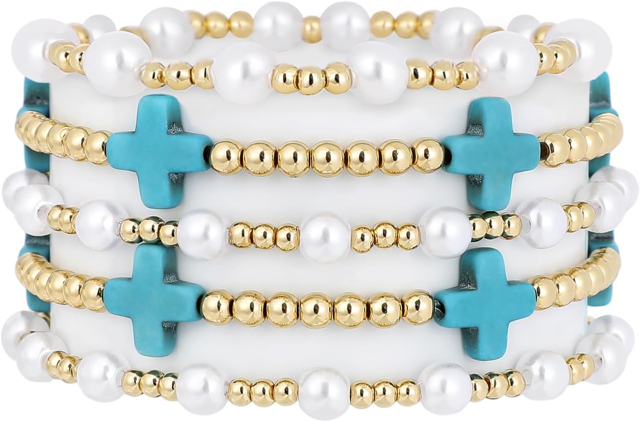 Manufacturer  Gold Beaded Bracelets for Women Trendy, 14K Gold Plated Stack Cross Pearl Gold Bead Stretch Bracelets Set Elastic Hypoallergenic Bracelets Jewelry Gifts  bracelets
