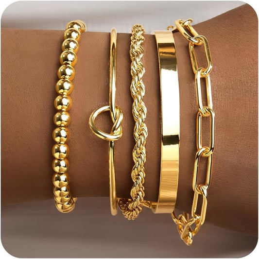 Manufacturer  Gold Bracelets for Women Non Tarnish, 14K Gold Plated Chunky Cuff Bracelet Gold Bangles Bracelet for Women Trendy Tie Knot Cuban Rope Paperclip Beaded Bracelet Stack Jewelry Gifts  bracelets
