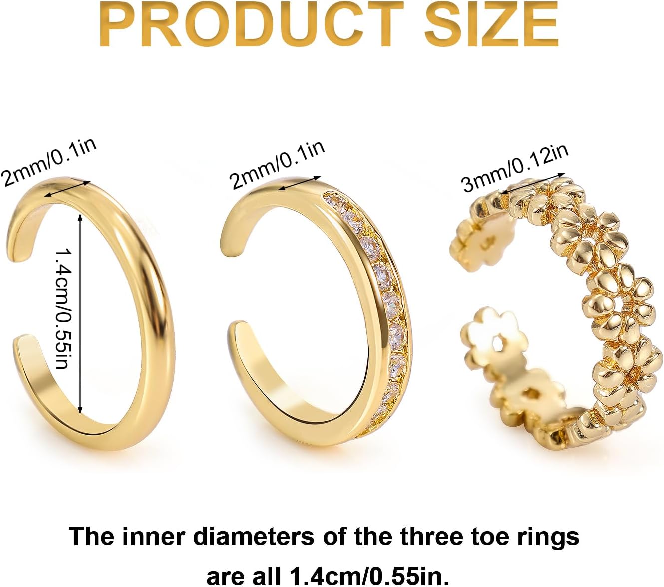 Manufacturer  3pcs Toe Rings Set for Women Non Tarnish, Gold Filled No Fading Adjustable 3 Styles Flowers Diamond Plain Open Toe Ring Summer Beach Jewelry Accessories for Foot   rings