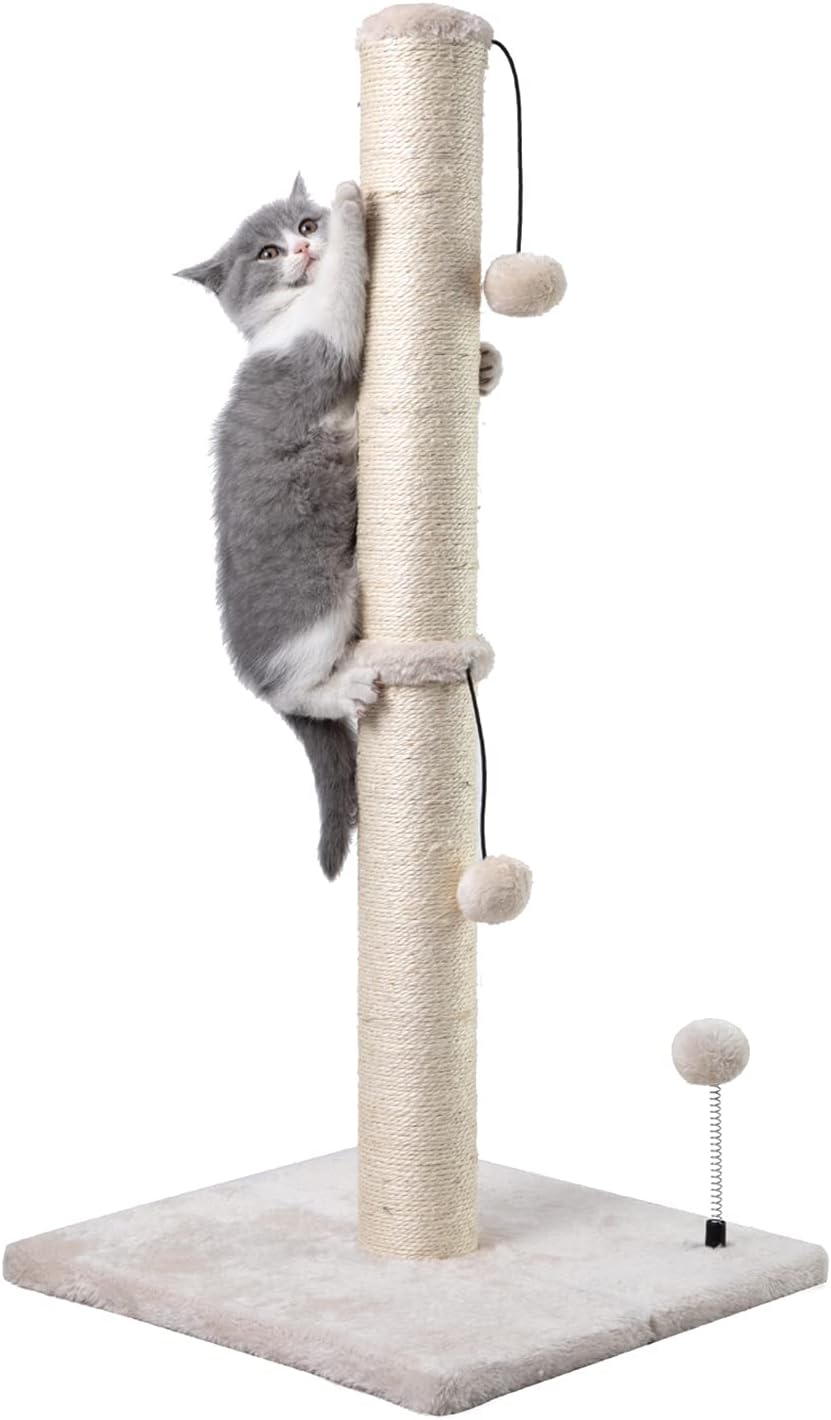 Manufacturer  MECOOL Cat Scratching Post Premium Basics Kitten Scratcher Sisal Scratch Posts with Hanging Ball 22in for Kittens or Smaller Cats (22 inches for Kitten, Beige)    Cat toy