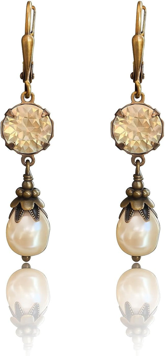 Manufacturer  Vintage Lever back Earrings for Women Simulated Pearl Austrian Crystal Dangle Drop Victorian Antique Inspired - Jewelry Gift for Her  earring