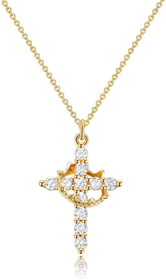 Manufacturer  Upgraded Crown Cross Necklace for Women Women's Gifts 14K Gold Plated Crown Cross Pendant Necklace Diamond Cross Necklaces Faith Cross Jewelry First Communion Gifts  Necklace