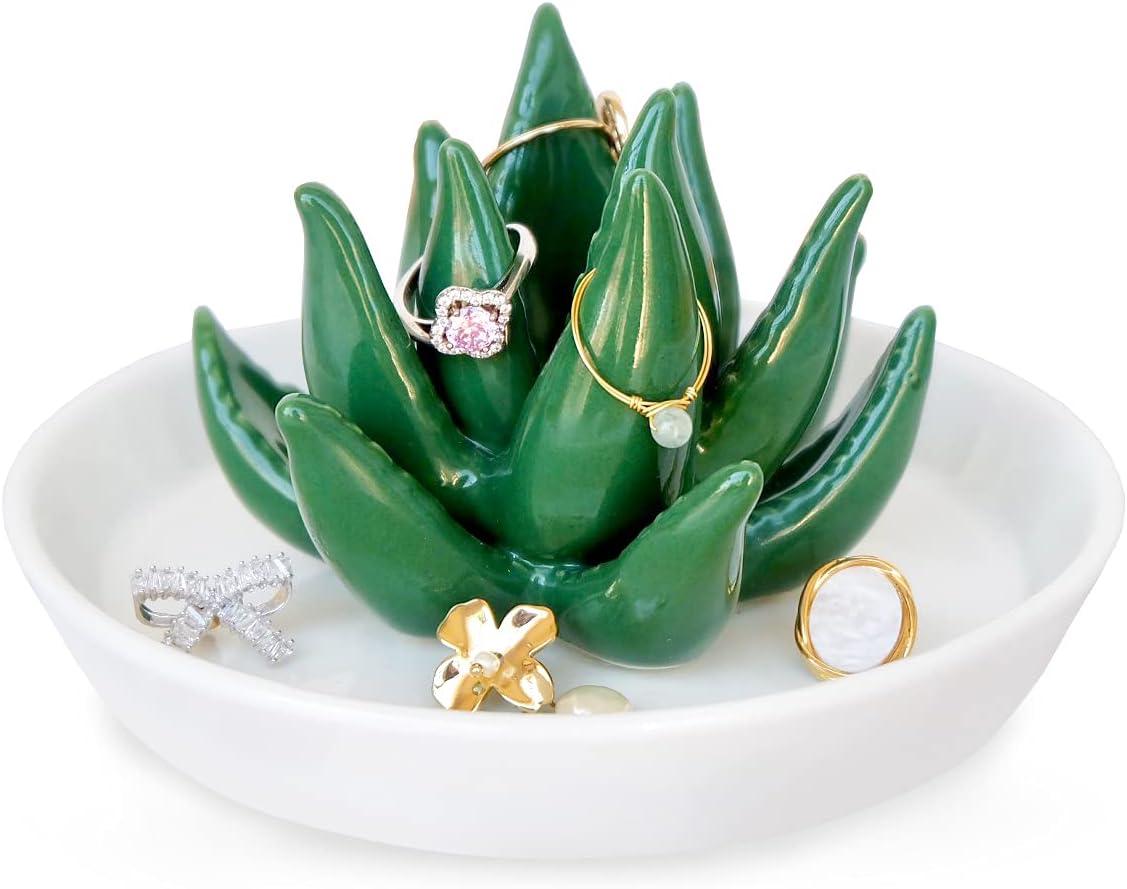 Manufacturer  PUDDING CABIN Aloe Ring Holder,Cactus Ring Dish,Jewelry Holder Trinket Tray for Rings Earrings Necklace Organizer,Bridesmaid Christmas Birthday Gift for Women Girls   rings