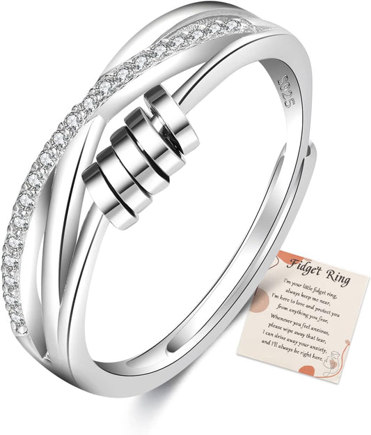 Manufacturer  PABBEU Anxiety Ring for Women 925 Sterling Silver Fidget Ring With Cubic Zircon Adjustable Stress Spinner Anxiety Ring for Women   rings