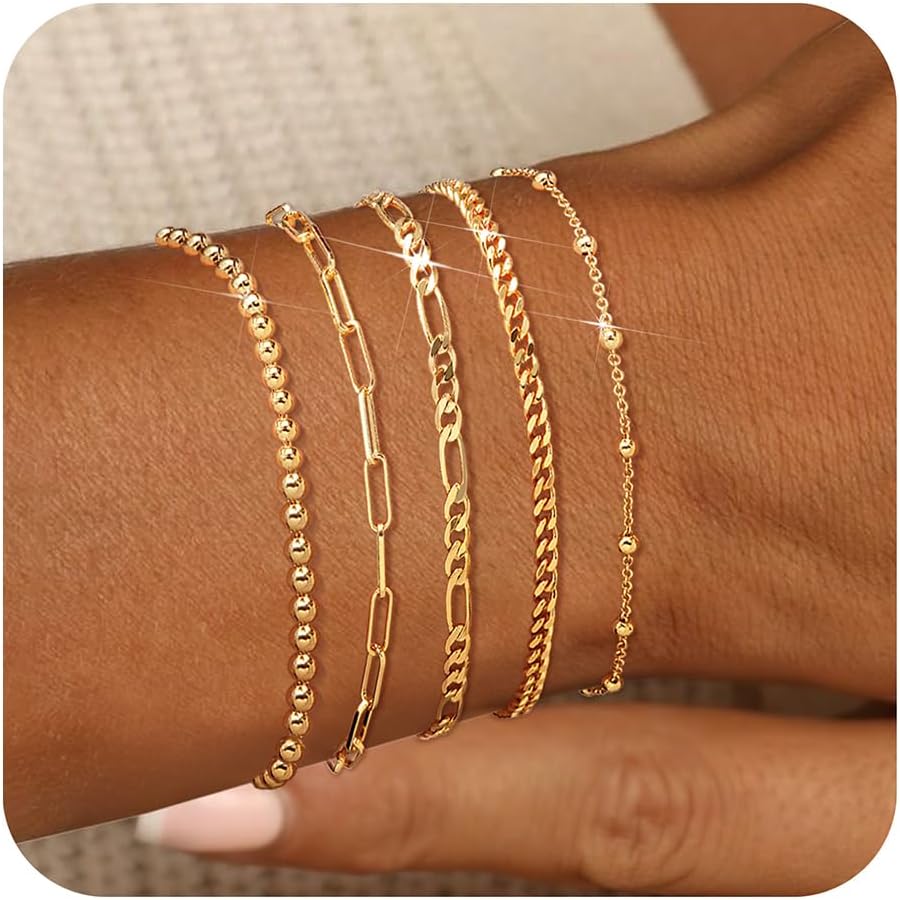 Manufacturer  adoyi Gold Bracelets for Women, 14K Gold Plated Stackable Bracelet Stack Set Adjustable Charm Paperclip Chain Cuban Link Layered Waterproof Jewelry Sets Gifts for Womens 6.0/6.8/7.2"  bracelets