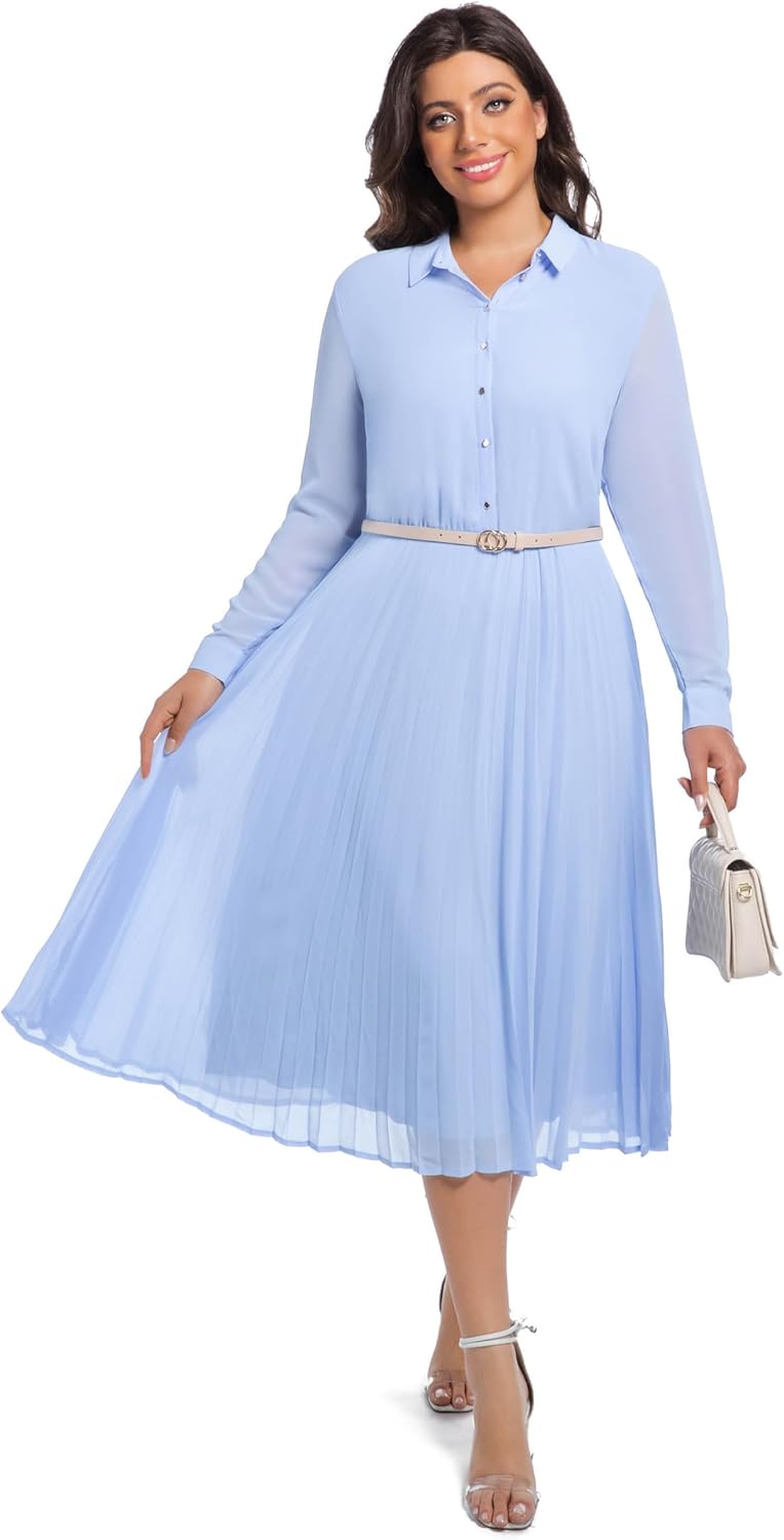 Manufacturer  Business Casual Shirt Dress for Women Long Sleeves Pleated Midi Dresses with Belt dresses