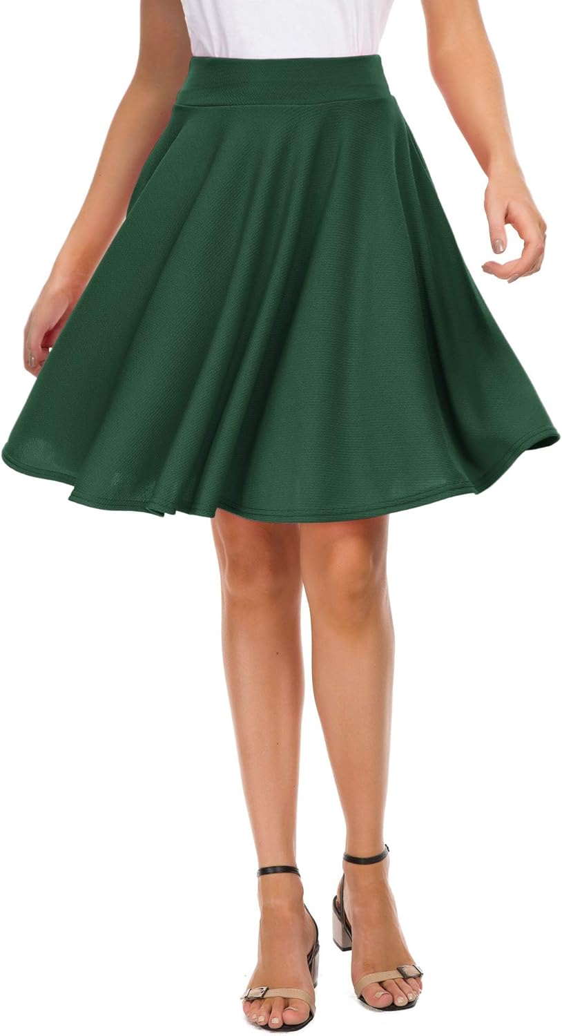 Manufacturer  EXCHIC Women's Casual Stretchy Flared Mini Skater Skirt Basic A-Line Pleated Midi Skirts