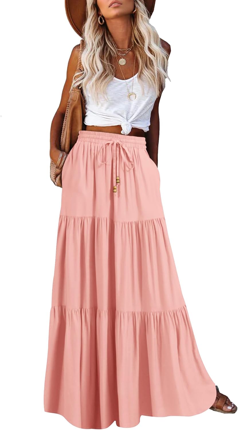 Manufacturer  HAEOF Women's Summer Boho Maxi Skirt A-Line Flowy Ruffle Tiered Elastic High Waist Beach Long Skirts with Pockets