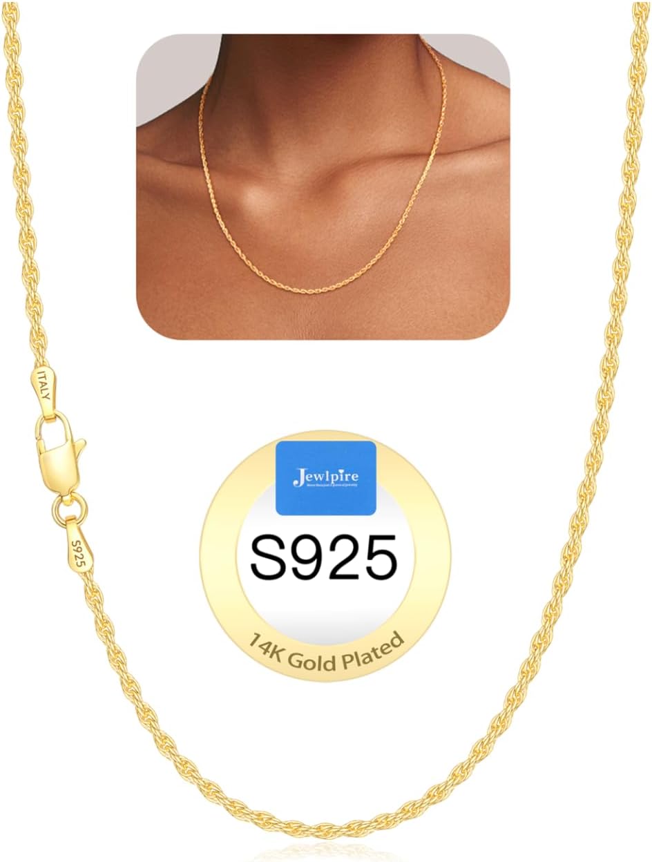 Manufacturer  Jewlpire Italian 2mm Rope Chain 925 Sterling Silver Chain Necklace for Women, 14K Plated Gold Chain for Women Smooth & Sturdy Women's Chain Necklaces, 16 18 20 22 24 26 Inch  Necklace
