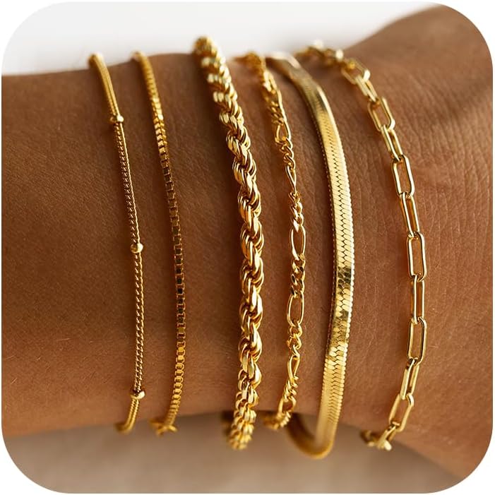 Manufacturer  DEARMAY Gold Bracelets for Women Waterproof, 14K Real Gold Jewelry Sets Trendy Thin Dainty Stackable Cuban Link Paperclip Chain Bracelet Pack Fashion Accessories Gifts for Womens  bracelets
