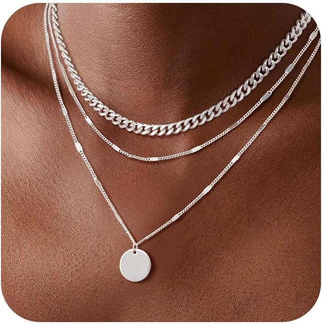 Manufacturer  Layered Silver Necklaces for Women, Sterling Silver Stackable Stack Choker Necklaces Trendy Real Gold Plated Layering Disc Circle Pendant Chain Dainty Necklace Set Jewelry for Women  Necklace