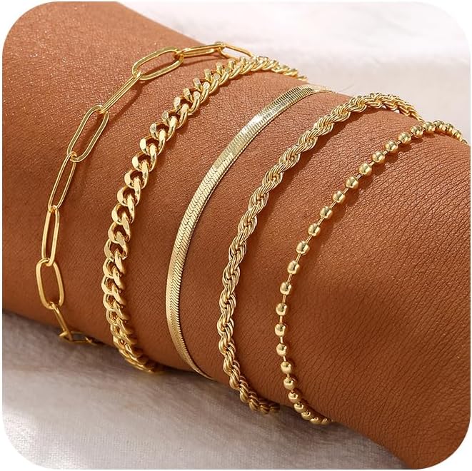 Manufacturer  Bracelets for Women, Waterproof 14K Gold/Silver Plated Stackable Bracelets for Women Non Tarnish Trendy Dainty Paperclip Figaro Box Herringbone Hand Chain Bracelet Pack Stack Adjustable Jewelry for Women  bracelets
