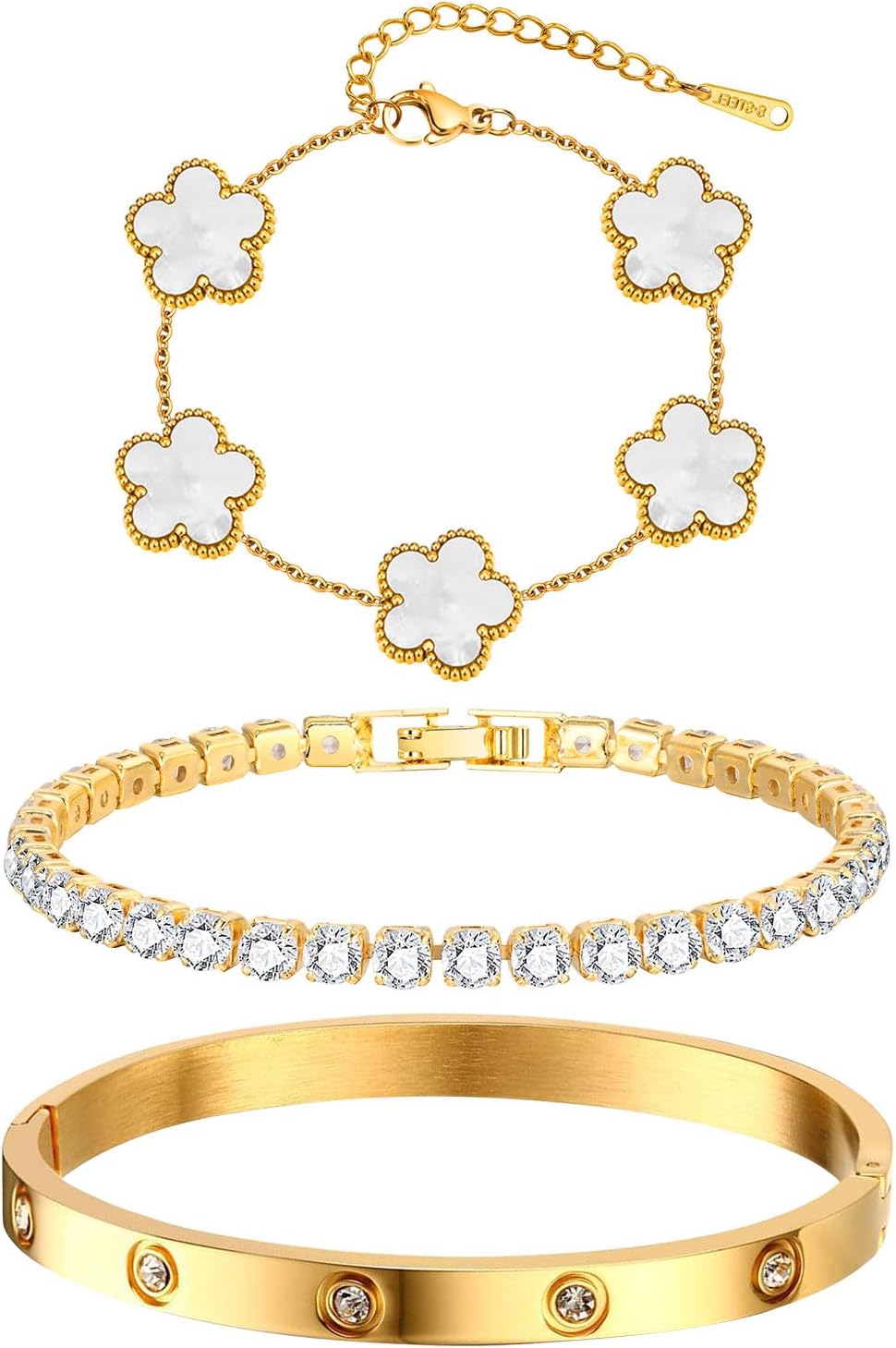 Manufacturer  Womens Stackable Floral Gold Bracelets - 3Pcs 18K Gold Plated Bracelet,Stainless Steel Bangle Bracelets Non Tarnish, Gold Bracelet Set Trendy Jewelry,Christmas Valentines Birthday Gifts for Girlfriend  bracelets