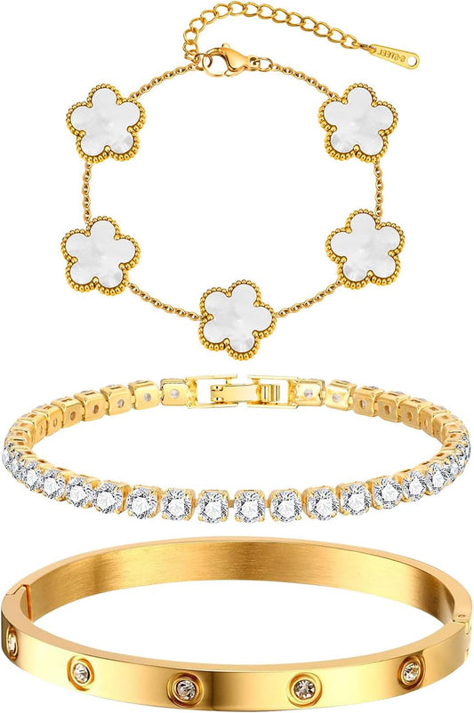 Manufacturer  Womens Stackable Floral Gold Bracelets - 3Pcs 18K Gold Plated Bracelet,Stainless Steel Bangle Bracelets Non Tarnish, Gold Bracelet Set Trendy Jewelry,Christmas Valentines Birthday Gifts for Girlfriend  bracelets