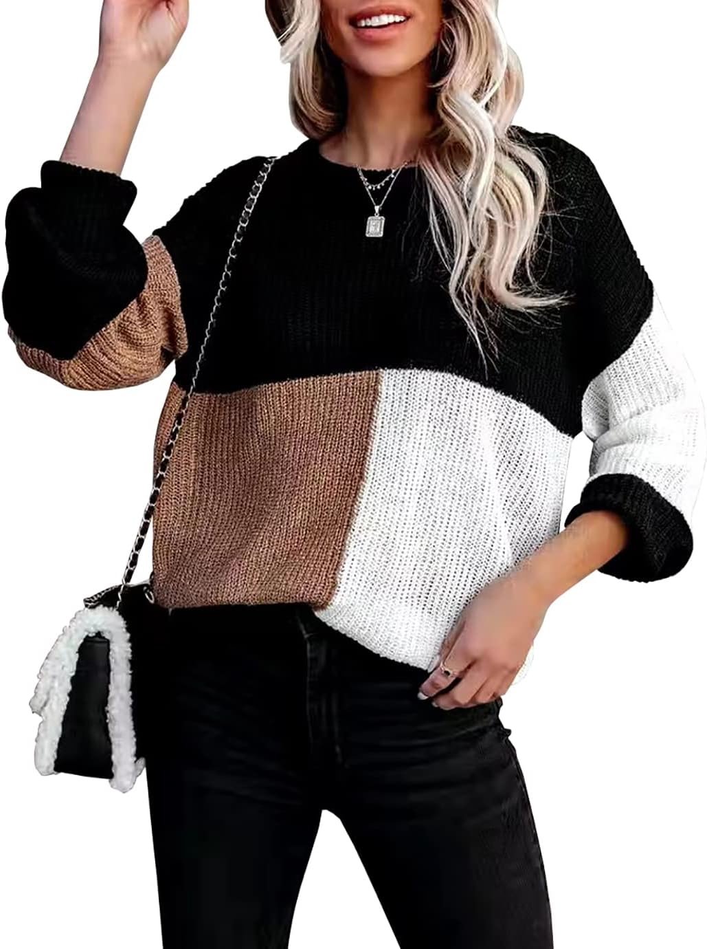 Manufacturer  Necooer Womens Sweater Pullover Casual Long Sleeve Crewneck Color Block Pullover Knit Sweater for Women   sweaters