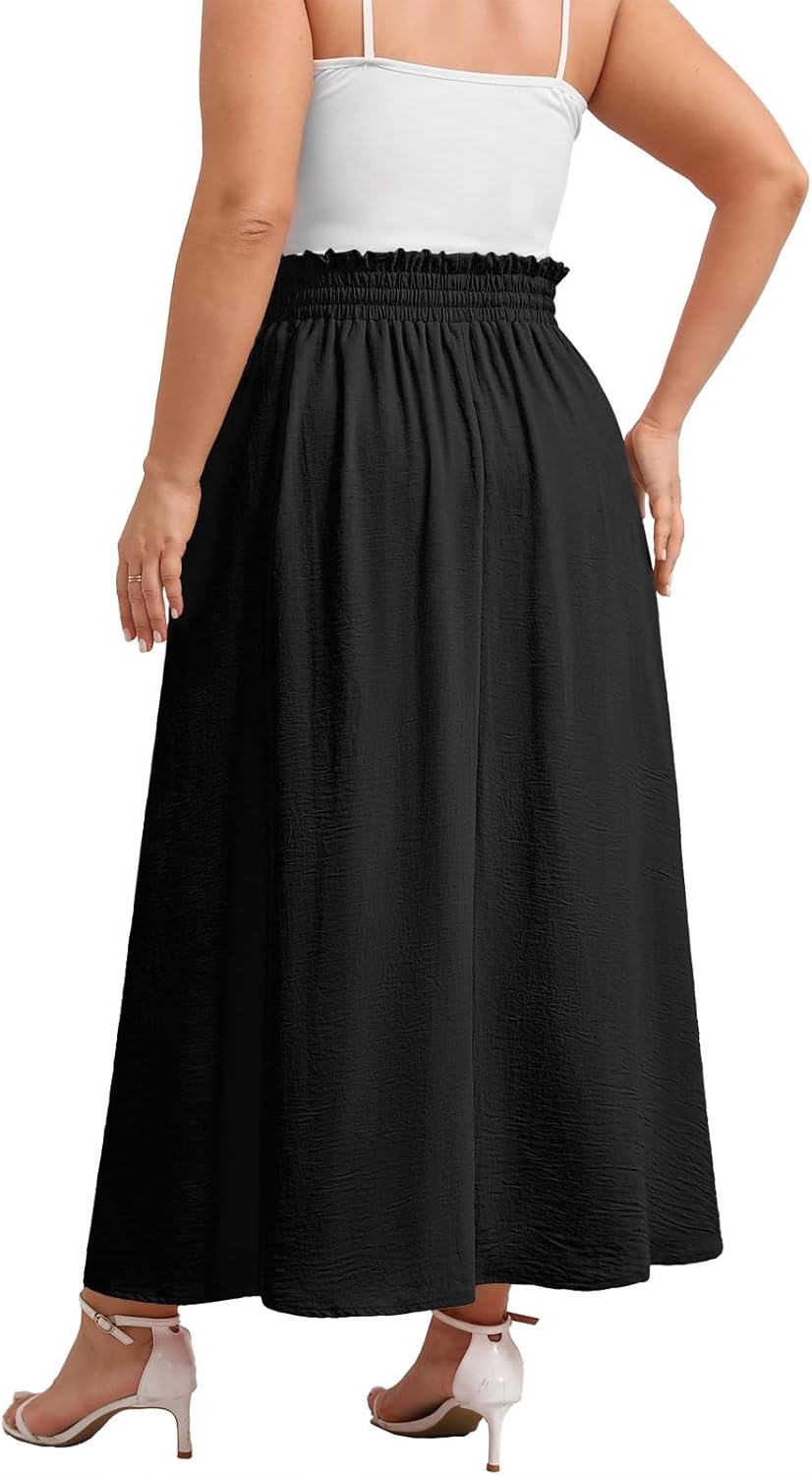 Xpenyo Womens Plus Size Maxi Skirts Summer Elastic High Waisted Boho Casual Beach Flowy Swing Long Skirts with Pockets