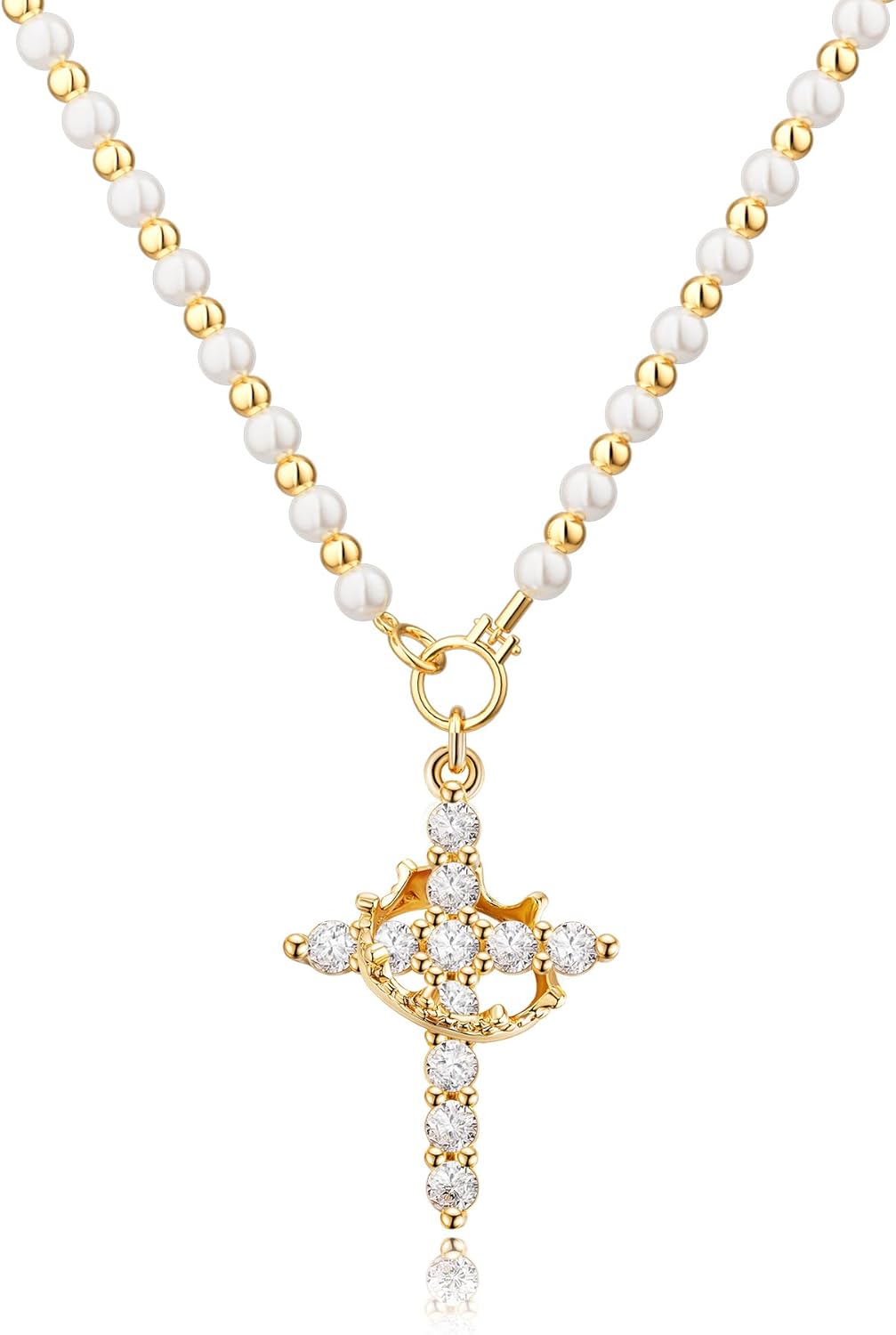 Manufacturer  Upgraded Crown Cross Necklace for Women Women's Gifts 14K Gold Plated Crown Cross Pendant Necklace Diamond Cross Necklaces Faith Cross Jewelry First Communion Gifts  Necklace