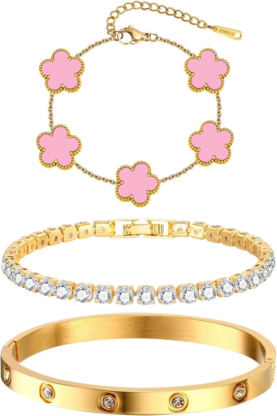 Manufacturer  Womens Stackable Floral Gold Bracelets - 3Pcs 18K Gold Plated Bracelet,Stainless Steel Bangle Bracelets Non Tarnish, Gold Bracelet Set Trendy Jewelry,Christmas Valentines Birthday Gifts for Girlfriend  bracelets