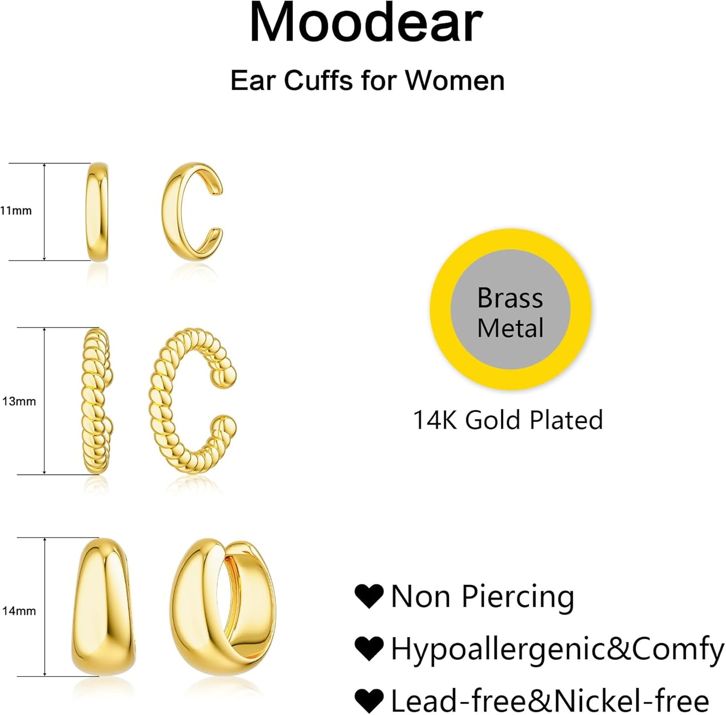Manufacturer  Moodear 3Pcs Chunky/Thin Ear Cuffs Non Piercing for Women - Dainty 14K Gold Plated Cuff Earring Trendy Cubic Zirconia Ear Cuff for Women Cartilage Jewelry Gift  earring