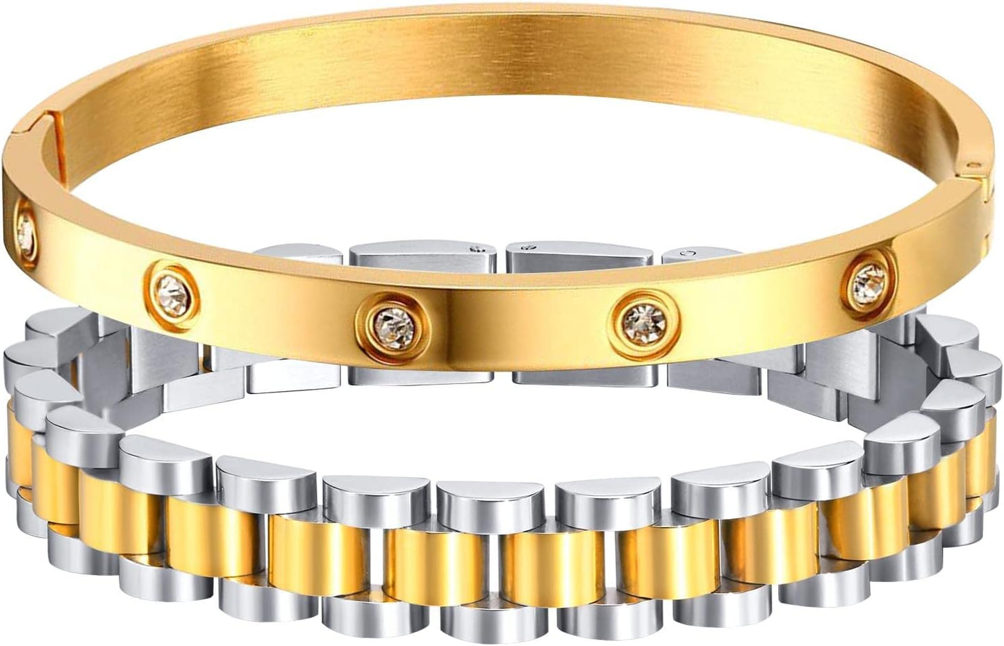 Manufacturer  MPRAINBOW 2pcs Gold Chain Link Bracelet, Stainless Steel Crystal Friendship Bracelets Bangle,Watch Band Chains Wristband Jewelry with Adjust Tool  bracelets