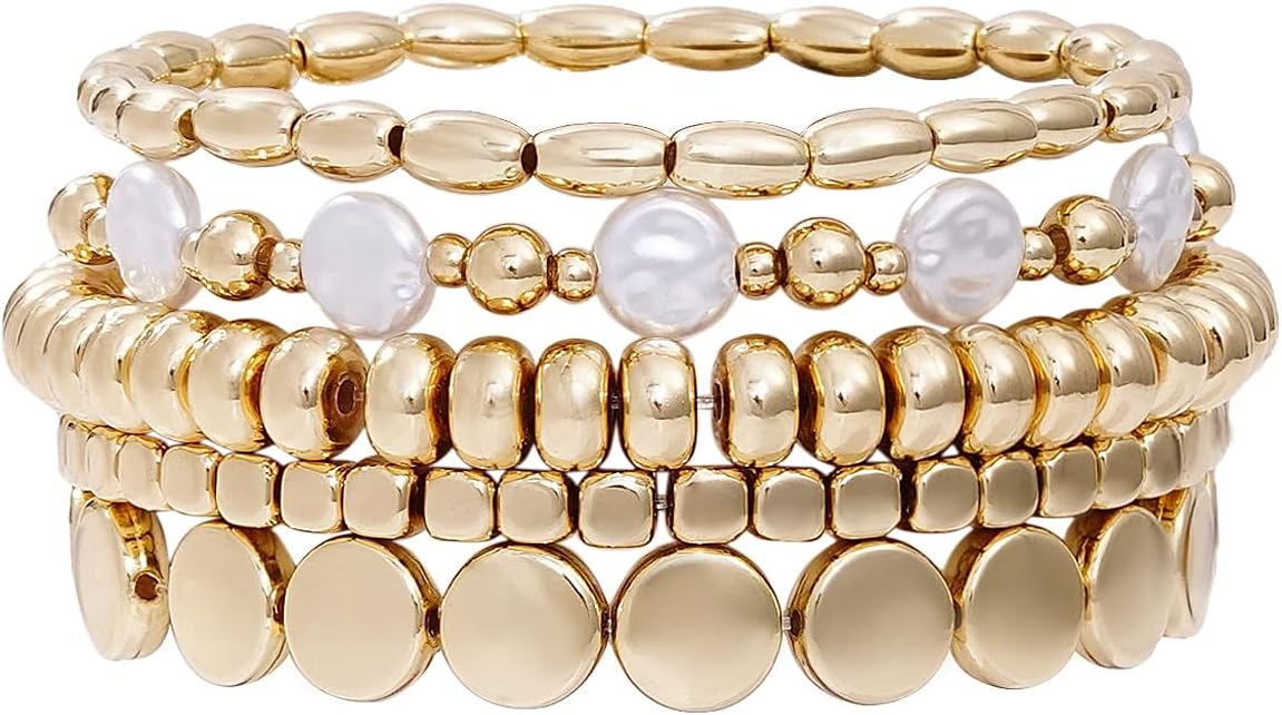 Manufacturer  Gold Beaded Bracelets for Women Trendy, 14K Gold Plated Stack Cross Pearl Gold Bead Stretch Bracelets Set Elastic Hypoallergenic Bracelets Jewelry Gifts  bracelets