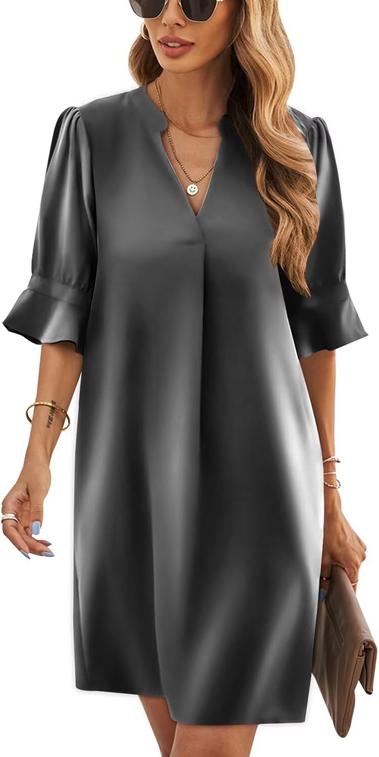 Manufacturer Wkior Shift Dress for Women V Neck Short Sleeves Solid Color Casual Flowy Summer Dresses(S-2XL)