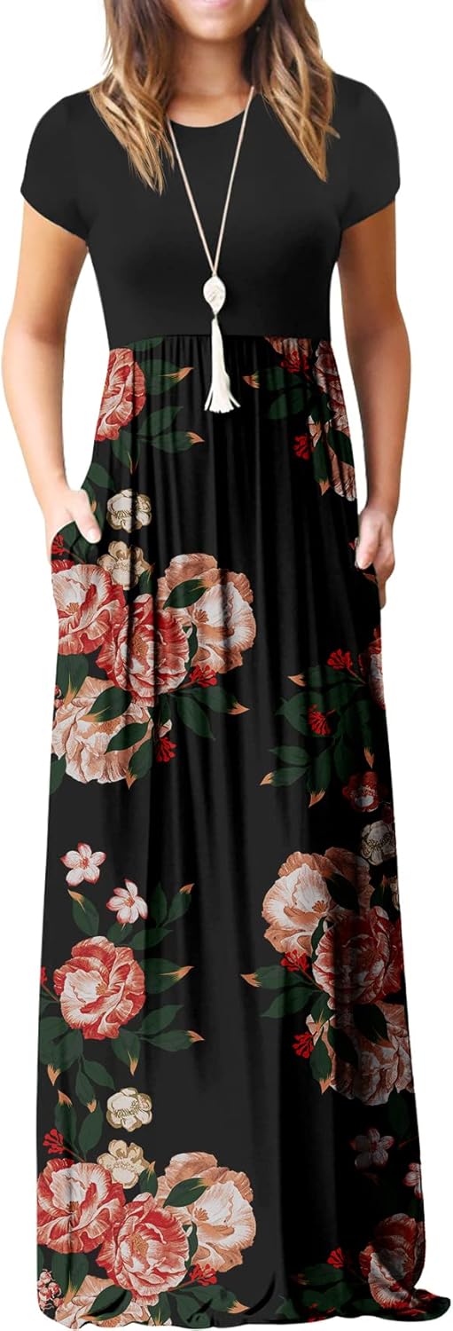 Manufacturer  GRECERELLE Women Summer Crew Neck Casual Short Sleeve Solid Floral Print Long Maxi Dress with Pockets dresses