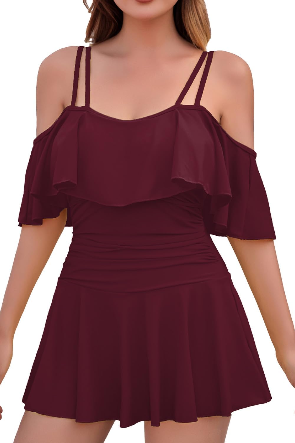 Manufacturer  COCOPEAR Women's One Piece Flounce Swimsuit Off Shoulder Bathing Suit Tummy Control Swimdress  Swimsuit