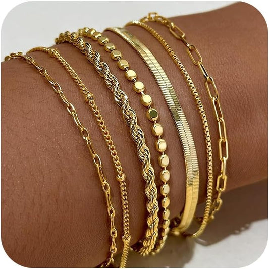 Manufacturer Gold Bracelets for Women,Dainty 14K Gold Plated Stack Set Trendy Stackable non tarnish Paperclip Chain Bracelets Gold Jewelry Sets Gifts for Women
