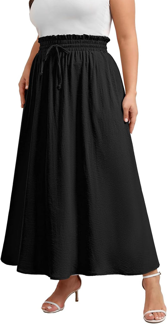 Xpenyo Womens Plus Size Maxi Skirts Summer Elastic High Waisted Boho Casual Beach Flowy Swing Long Skirts with Pockets