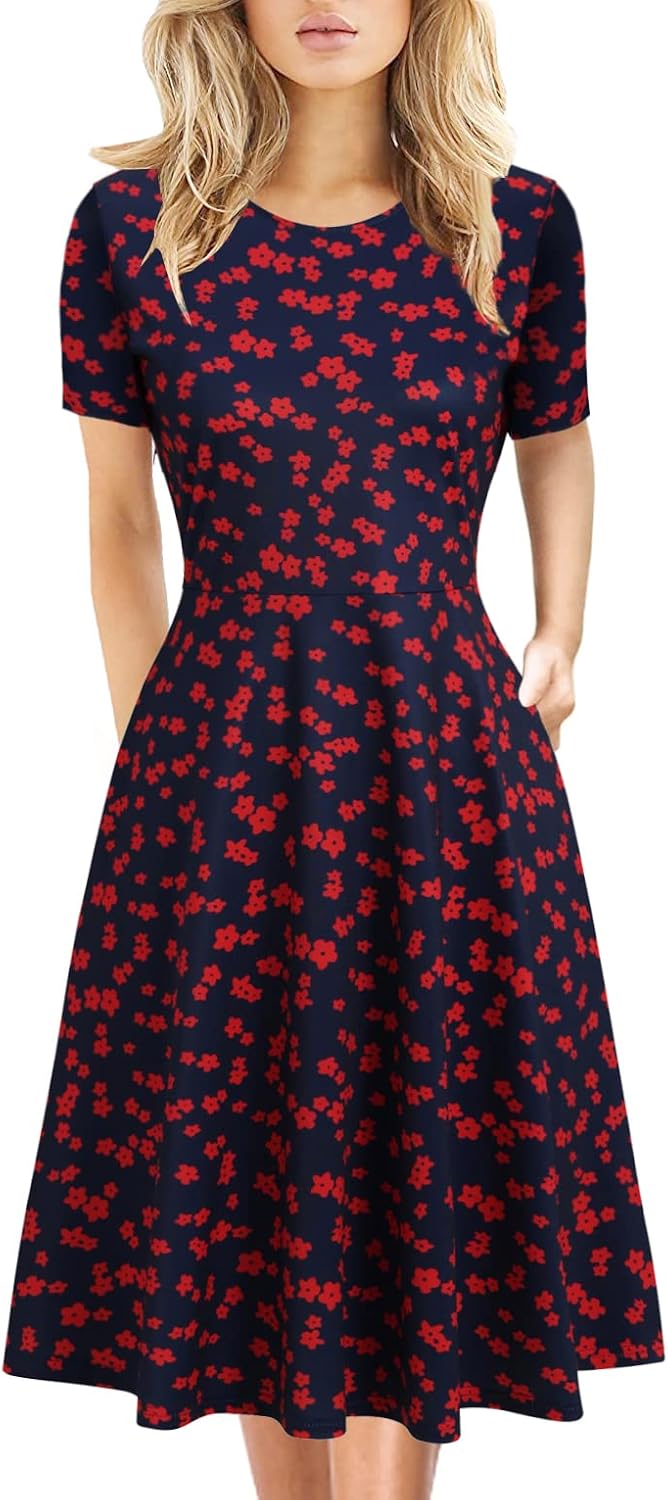 Manufacturer Women's Elegant Knee Length Dresses Vintage 50s Office Casual Floral Print Work Party A-Line Swing Dresses with Pockets 162