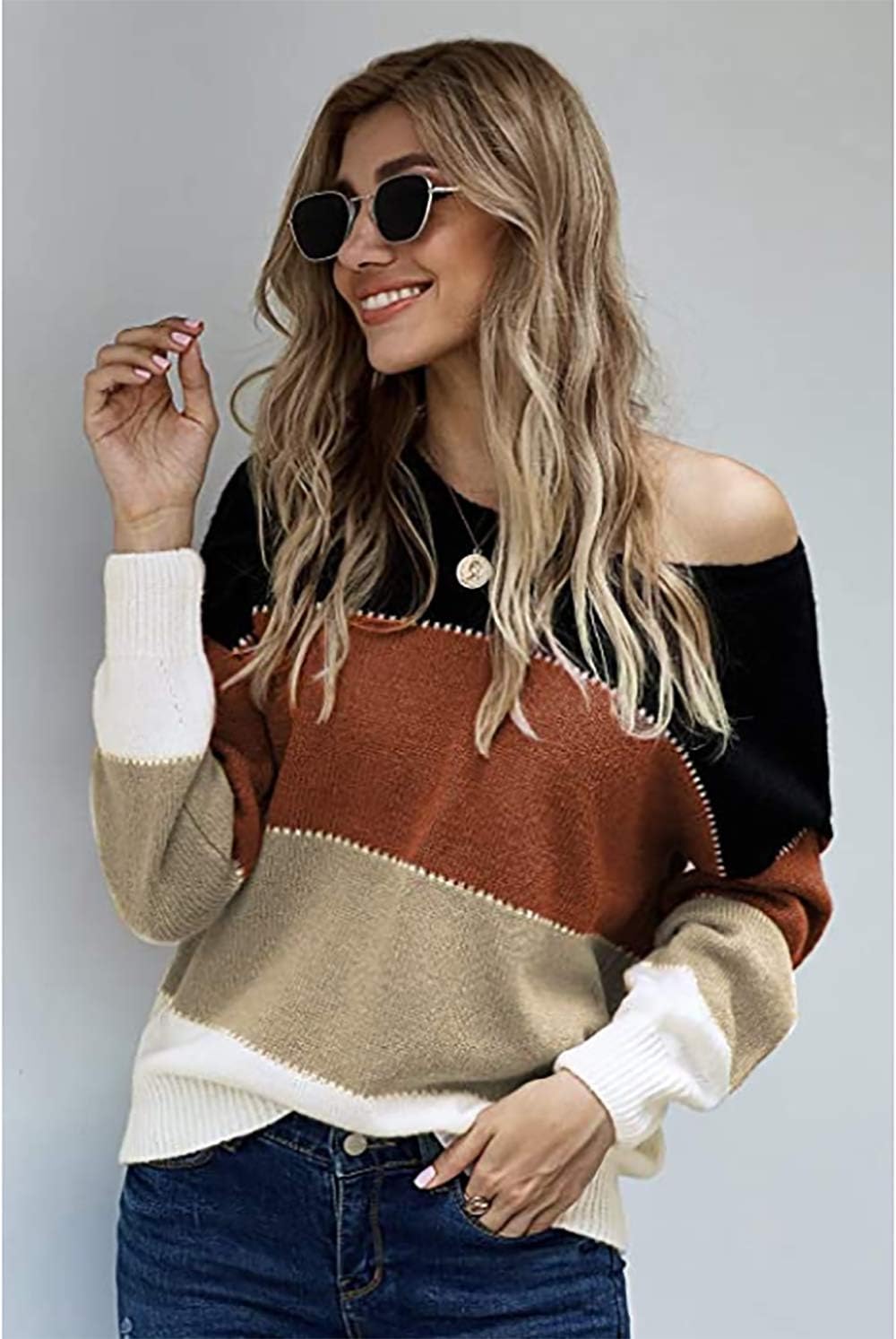 Manufacturer  Necooer Womens Sweater Pullover Casual Long Sleeve Crewneck Color Block Pullover Knit Sweater for Women   sweaters