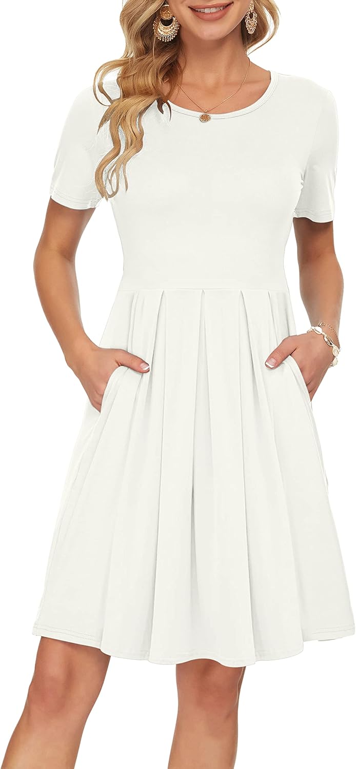 Manufacturer  AUSELILY Women's Short Sleeve Summer Dress Pleated Loose Swing Knee Length Dresses with Pockets  New dresses