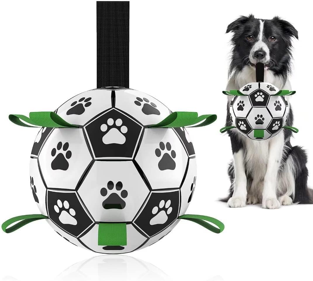 Manufacturer   QDAN Premium Dog Toys Balls, Dog Soccer Ball with Straps, Dog Birthday Gifts, Herding Ball, Durable Balls for Small Medium Pet, Puppy Outdoor Toy, Pet Training Soccer Ball, World Cup Soccer (6 Inch)    Dog toy