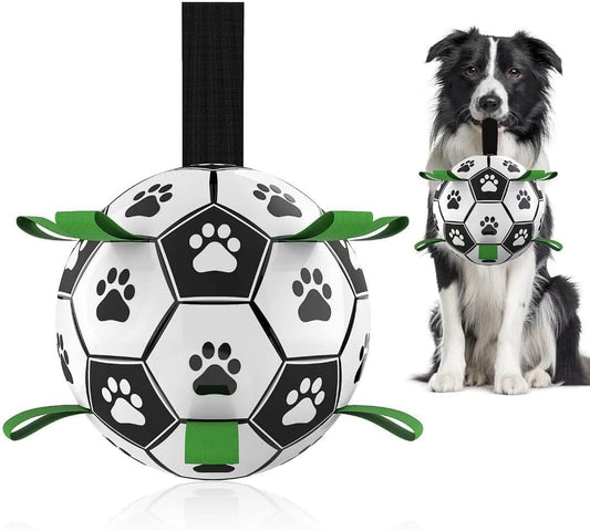 Manufacturer   QDAN Premium Dog Toys Balls, Dog Soccer Ball with Straps, Dog Birthday Gifts, Herding Ball, Durable Balls for Small Medium Pet, Puppy Outdoor Toy, Pet Training Soccer Ball, World Cup Soccer (6 Inch)    Dog toy