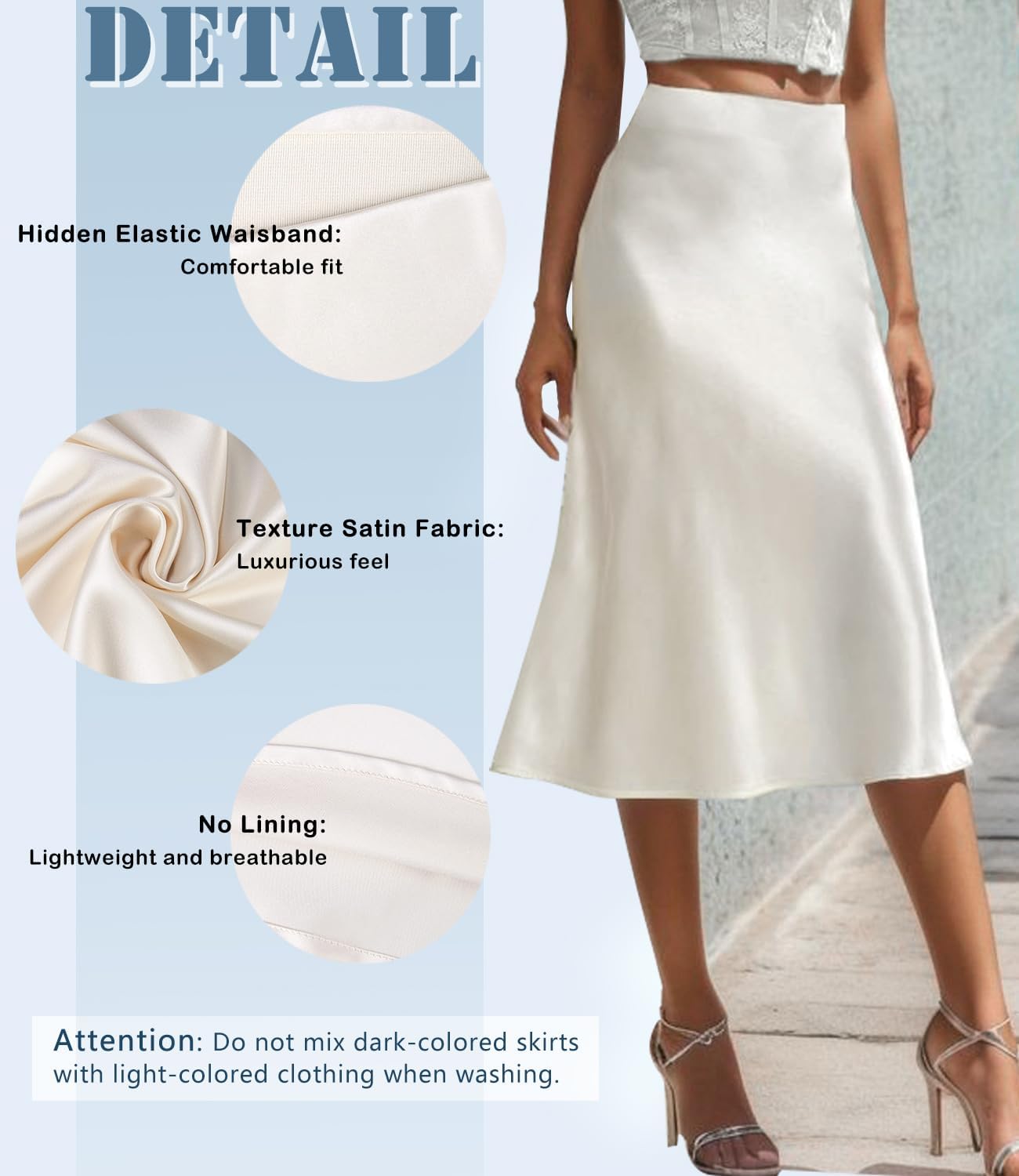 Manufacturer  Women's Satin High Waist Hidden Elasticized Waistband Flared Casual A Line Midi Skirts