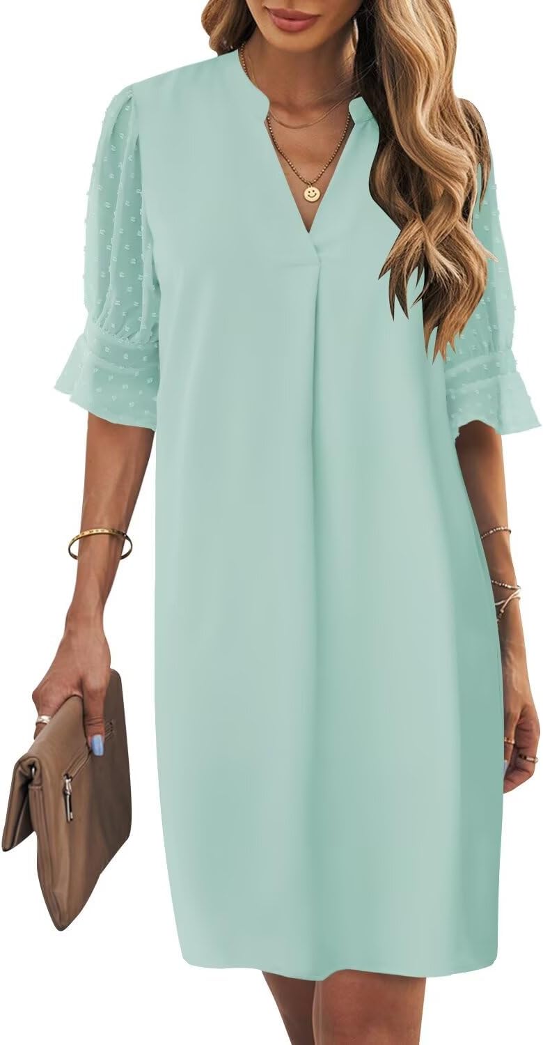 Manufacturer Wkior Shift Dress for Women V Neck Short Sleeves Solid Color Casual Flowy Summer Dresses(S-2XL)