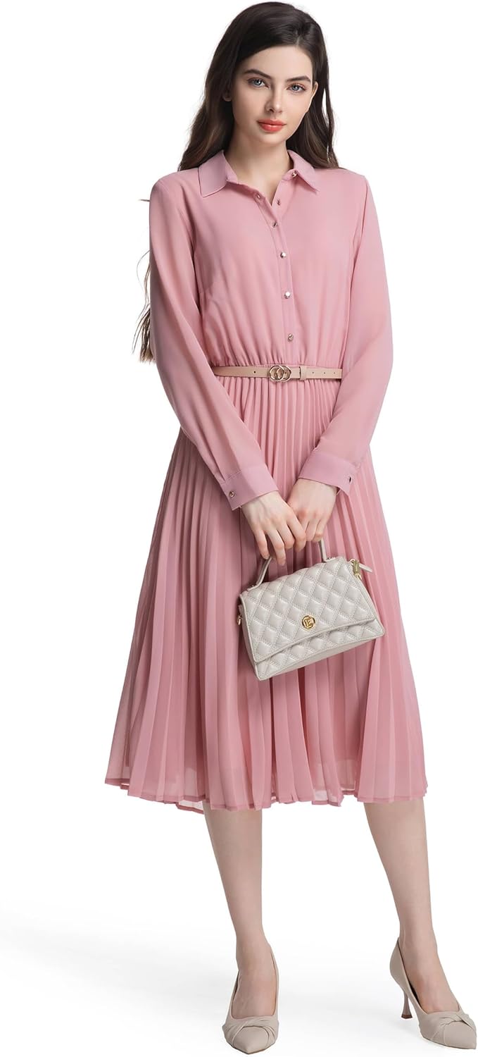 Manufacturer  Business Casual Shirt Dress for Women Long Sleeves Pleated Midi Dresses with Belt dresses
