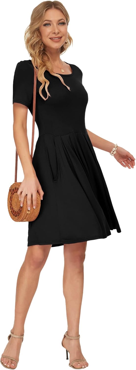 Manufacturer  AUSELILY Women's Short Sleeve Summer Dress Pleated Loose Swing Knee Length Dresses with Pockets  New dresses