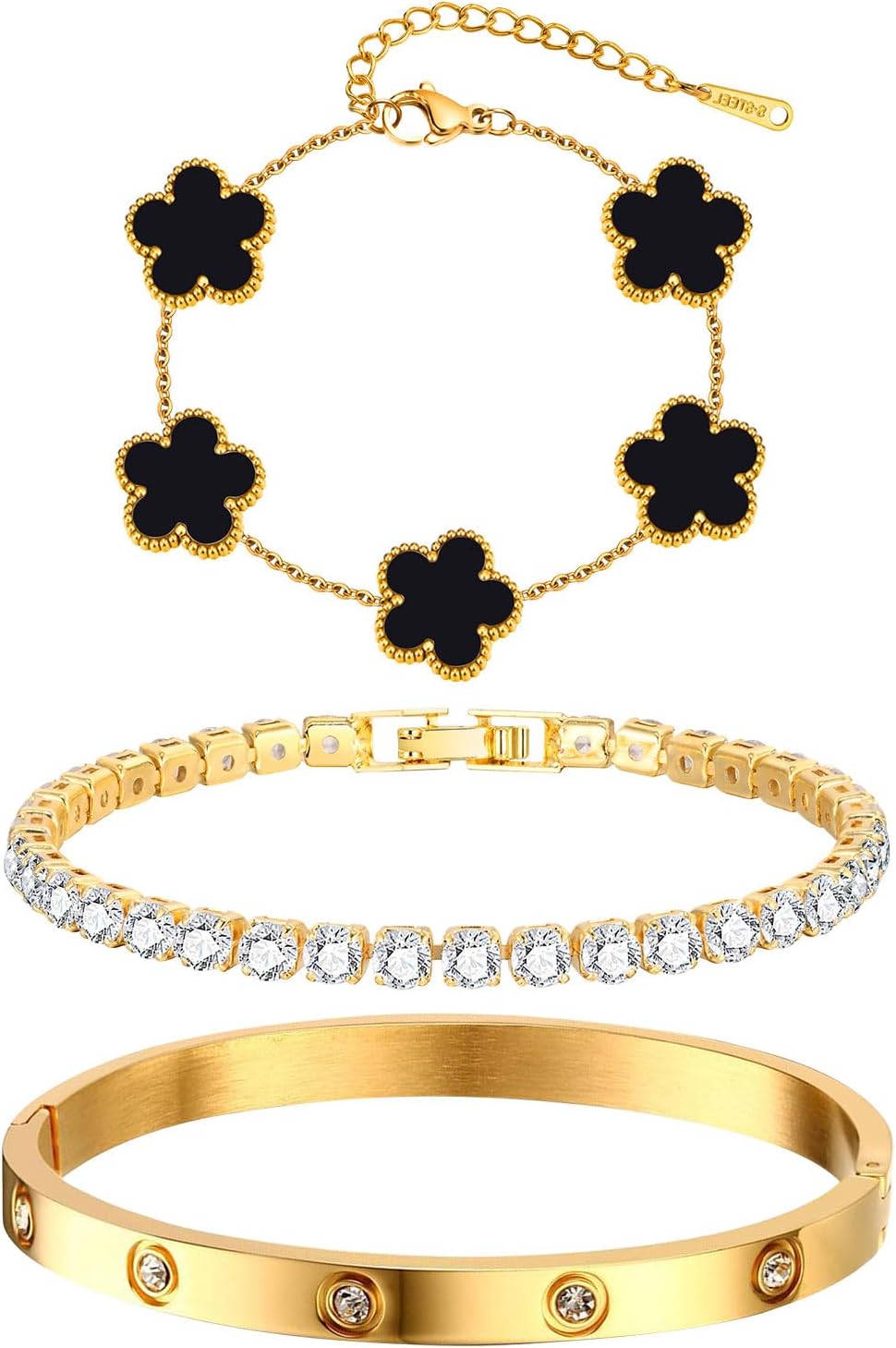 Manufacturer  Womens Stackable Floral Gold Bracelets - 3Pcs 18K Gold Plated Bracelet,Stainless Steel Bangle Bracelets Non Tarnish, Gold Bracelet Set Trendy Jewelry,Christmas Valentines Birthday Gifts for Girlfriend  bracelets