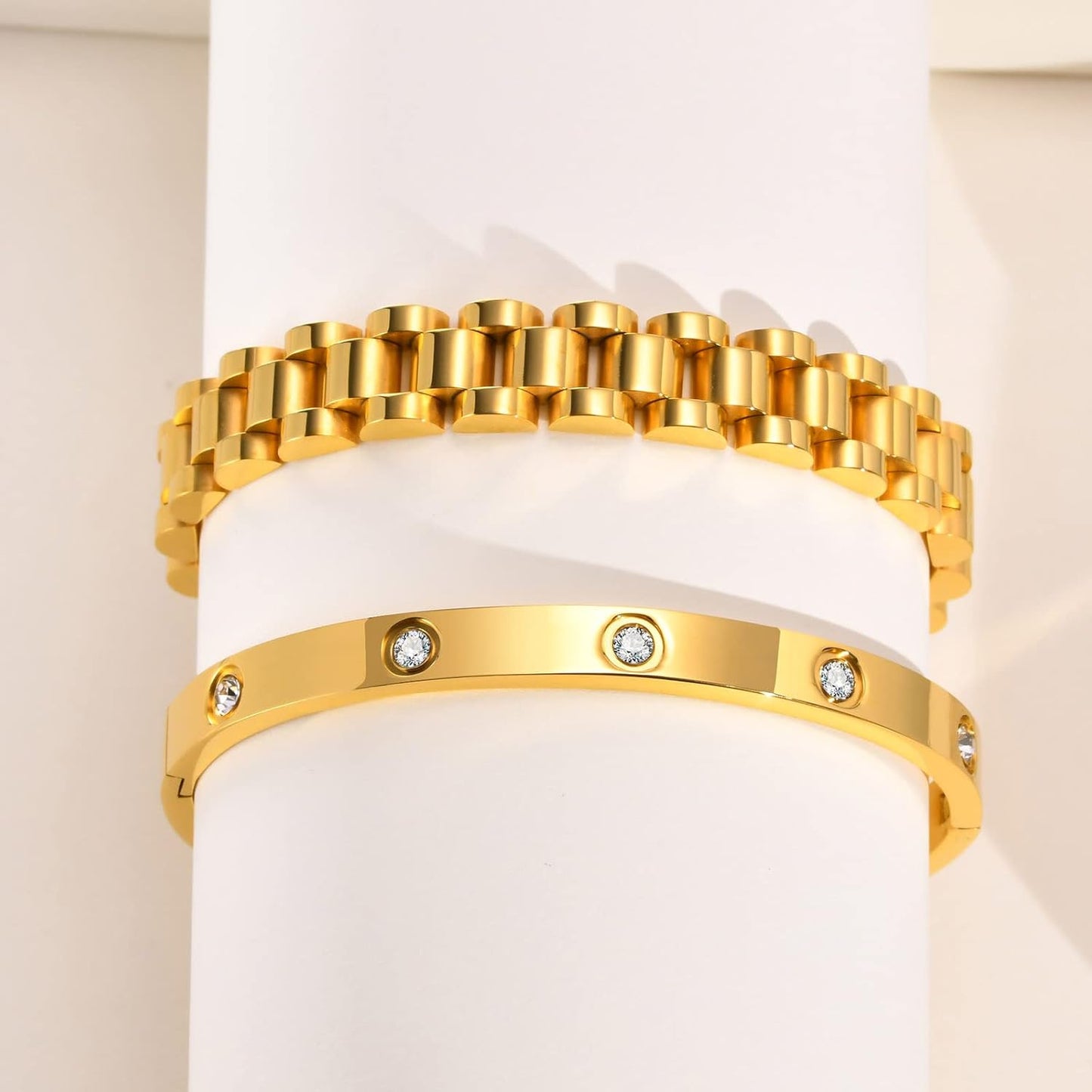 Manufacturer  MPRAINBOW 2pcs Gold Chain Link Bracelet, Stainless Steel Crystal Friendship Bracelets Bangle,Watch Band Chains Wristband Jewelry with Adjust Tool  bracelets