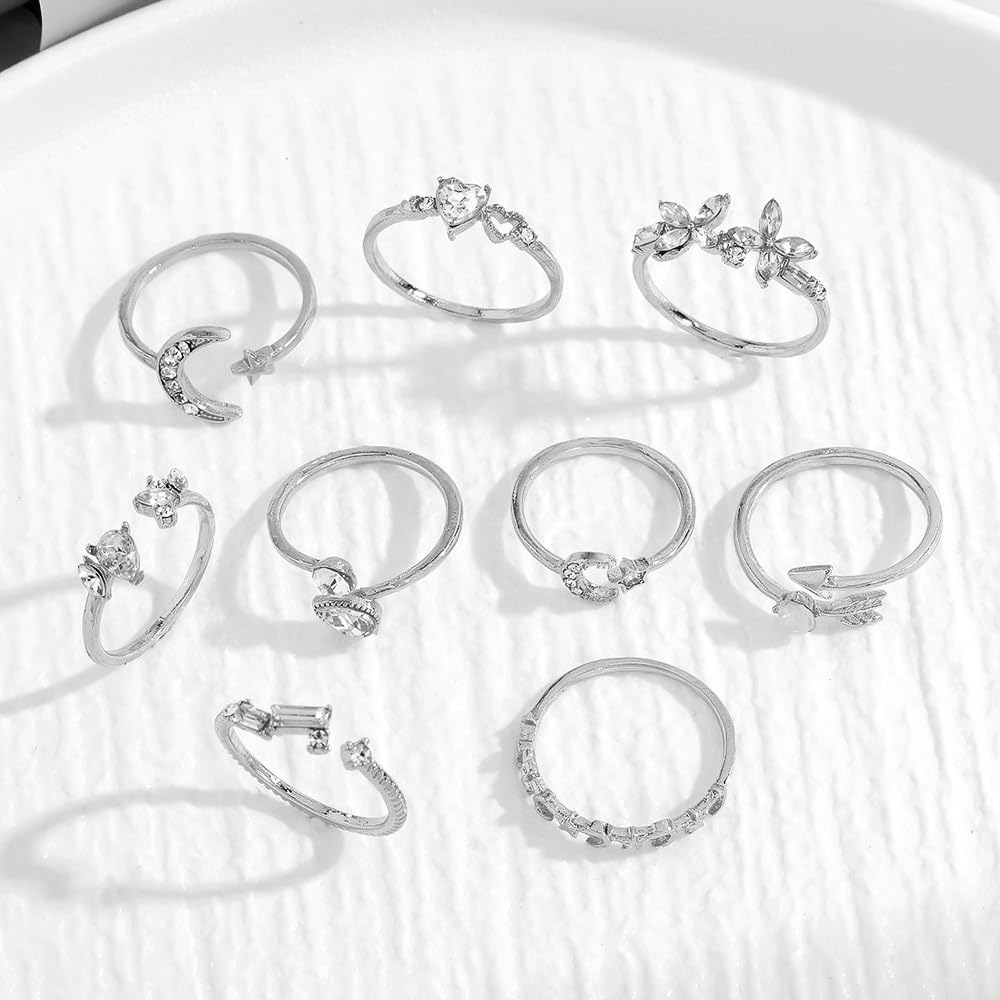 Manufacturer  CSIYSNJRY99 Dainty Silver Rings for Women Boho Stackable Star Moon Flower Silver Rings Set for Teens Vintage Crystal Knuckle Stacking Rings   rings