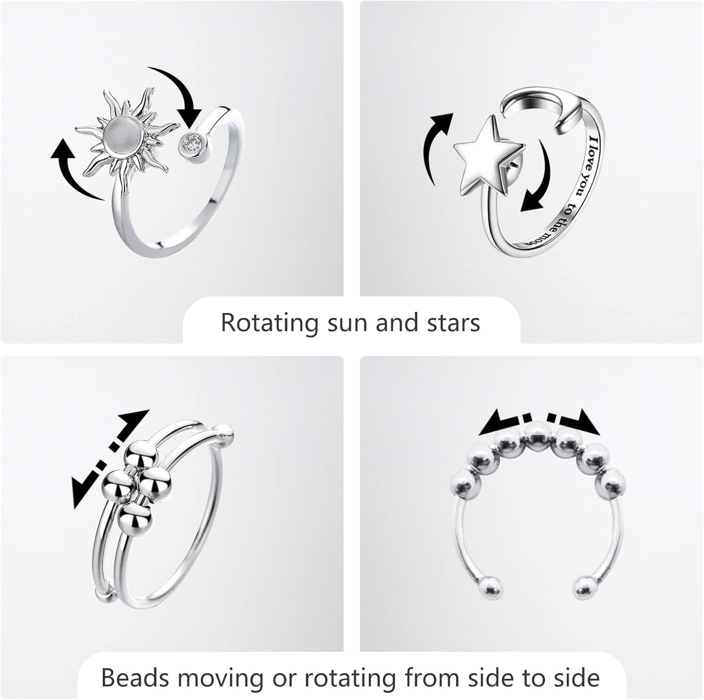 Manufacturer  4PCS Fidget Rings for Women Adjustable Stress Relief Fidget Spinner Ring Stainless Steel Sun Moon Star Bead Rotatable Fidget Rings (Silver)   rings