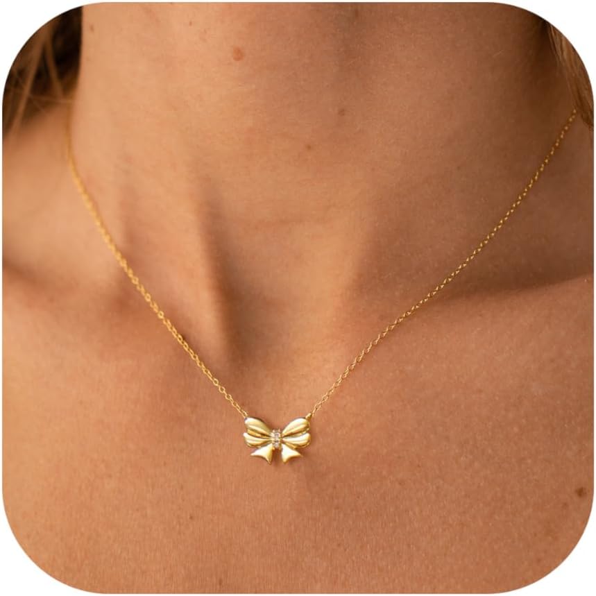 Manufacturer  Gold Necklace for Women Dainty Bow Necklace 14K Gold Plated Cute Choker Necklace Small Bow Pendant Charm Necklaces Teen Gift Trendy Stuff Personalized Jewelry Gifts  Necklace