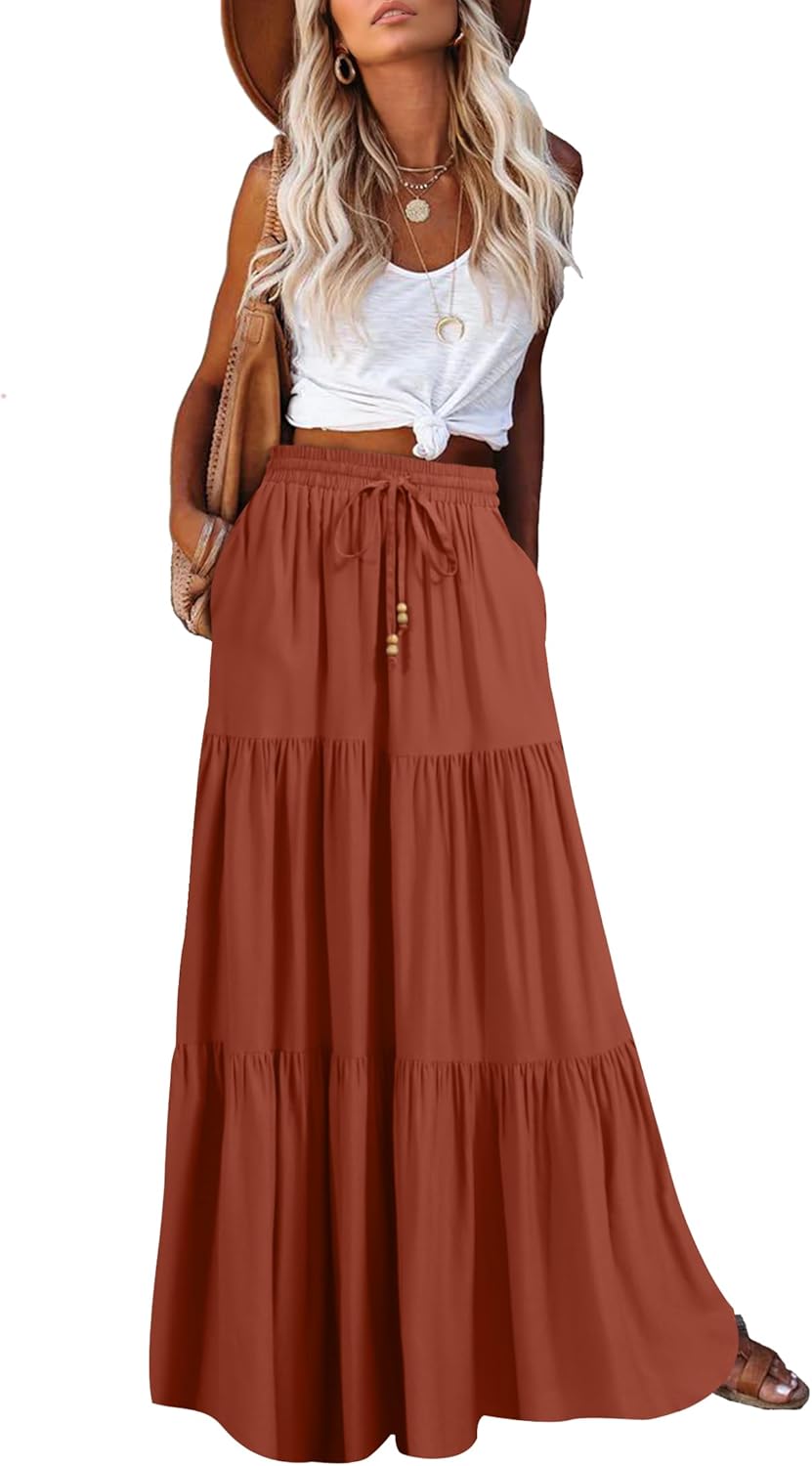 Manufacturer  HAEOF Women's Summer Boho Maxi Skirt A-Line Flowy Ruffle Tiered Elastic High Waist Beach Long Skirts with Pockets