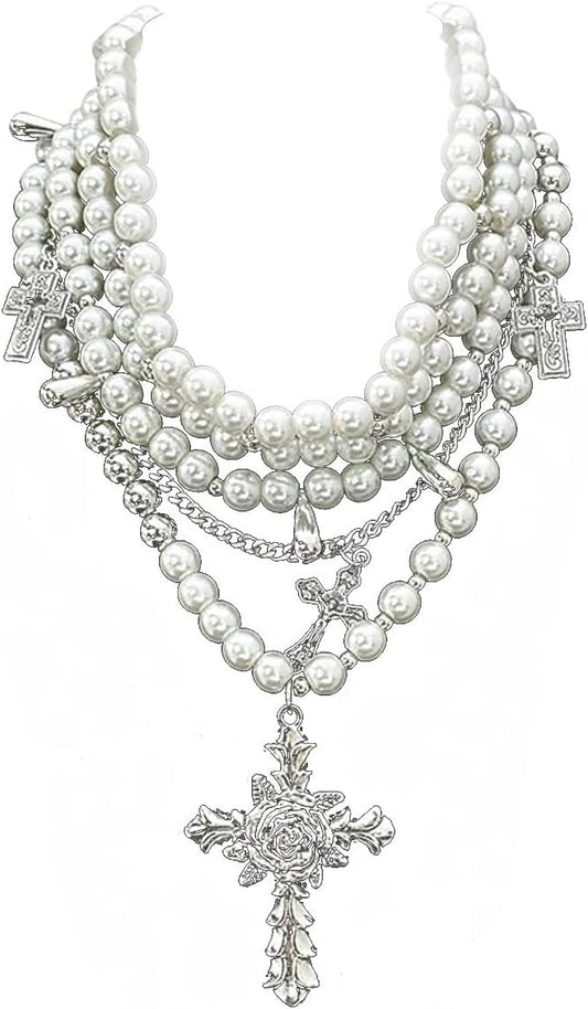 Manufacturer  Layered Pearl Necklace Gothic Cross Pearl Stacked Necklace for Women  Necklace